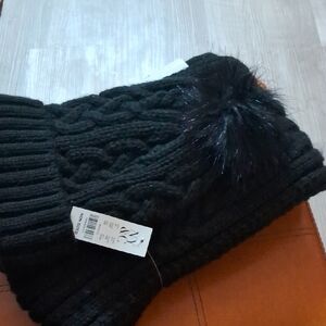 Black Knit Beanie with Pom Pom/Scarf